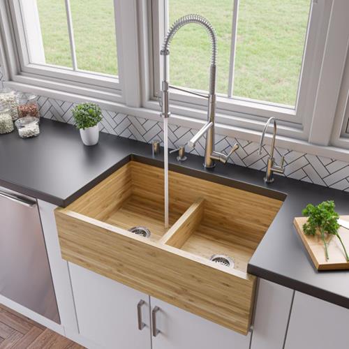 Alfi - 33 Inch Double Bowl Bamboo Kitchen Farm Sink