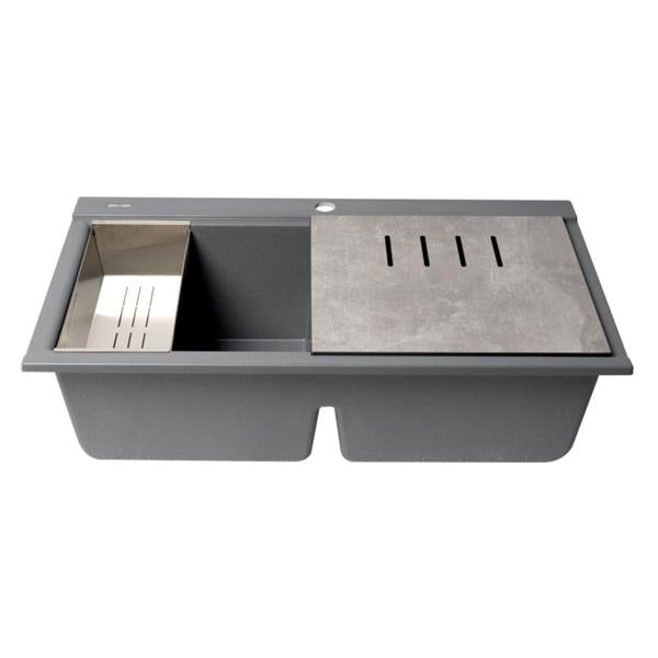 Alfi - 33 Inch Granite Composite Workstation Step Rim Double Bowl Drop In Sink with Accessories