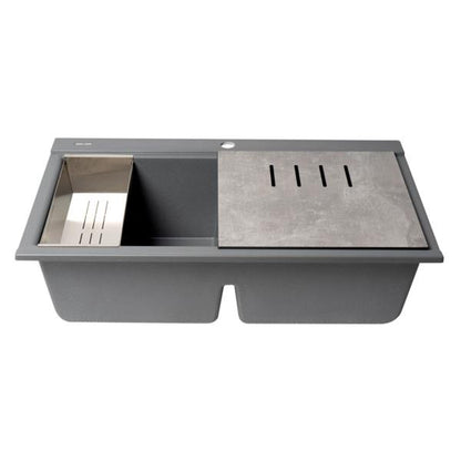 Alfi - 33 Inch Granite Composite Workstation Step Rim Double Bowl Drop In Sink with Accessories
