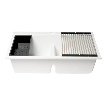 Alfi - 33 Inch Granite Composite Workstation Step Rim Double Bowl Drop In Sink with Accessories