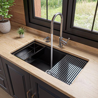 Alfi - 33 Inch Granite Composite Workstation Step Rim Single Bowl Undermount Sink with Accessories