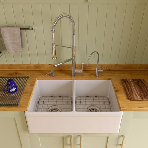 Alfi - 32 Inch Decorative Lip Apron Double Bowl Fireclay Farmhouse Kitchen Sink