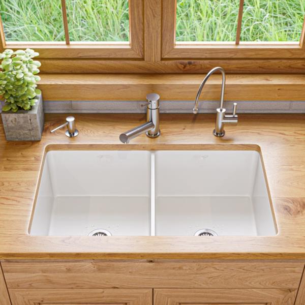 Alfi - White 32 x 19 Inch Double Bowl Fireclay Undermount / Drop In Fireclay Kitchen Sink /w Grid