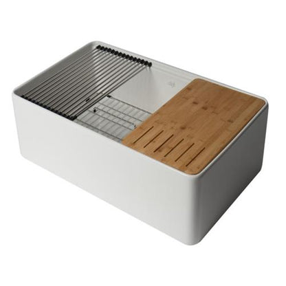Alfi - White Smooth Apron Workstation 30 Inch x 20 Inch Single Bowl Step Rim Fireclay Farm Sink with Accessories