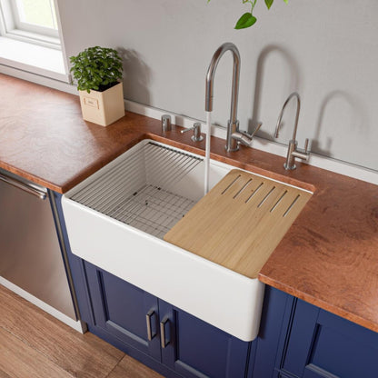 Alfi - White Smooth Apron Workstation 30 Inch x 20 Inch Single Bowl Step Rim Fireclay Farm Sink with Accessories