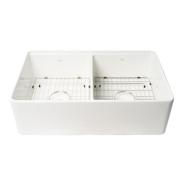 Alfi - 33 x 20 inch Workstation Double Bowl Step Rim Fireclay Farm Sink with Accessories