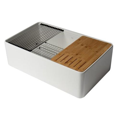 Alfi - White Smooth Apron Workstation 33 Inch x 20 Inch Single Bowl Step Rim Fireclay Farm Sink with Accessories