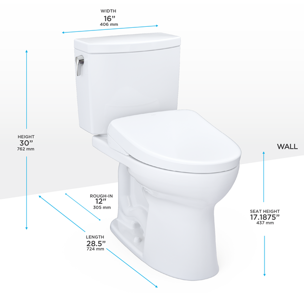 Toto - Washlet+ Drake II 1G Two-Piece Elongated 1.0 Gpf Toilet With Auto Flush Washlet+ S7A Contemporary Bidet Seat, Cotton White