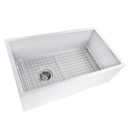 Nantucket Sinks - 30 Inch White Fireclay Farmhouse Sink Offset Drain - Made In Italy