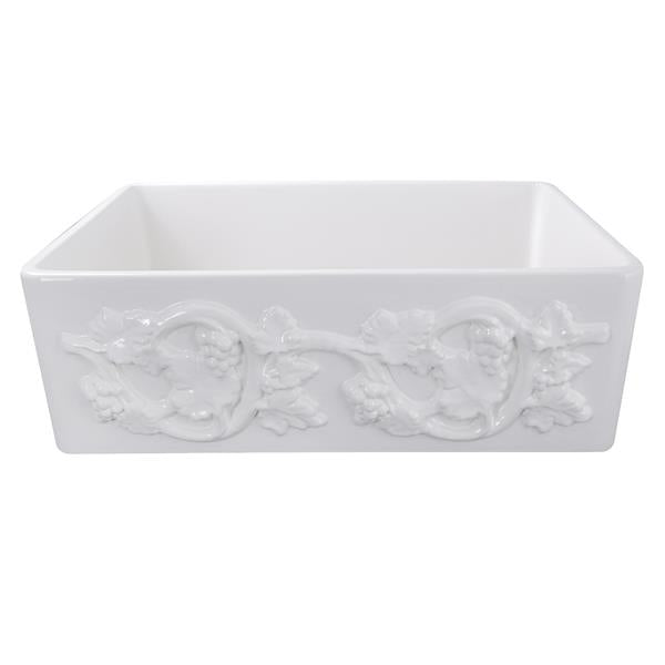 Nantucket Sinks - 33-Inch Farmhouse Fireclay Sink With Grapes Vine Motif