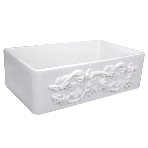 Nantucket Sinks - 30-Inch Farmhouse Fireclay Sink With Grapes Vine Motif