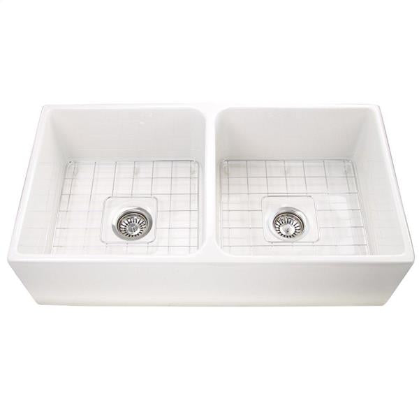 Nantucket Sinks - 36 Inch Double Bowl Farmhouse Fireclay Sink With Grids And Drains