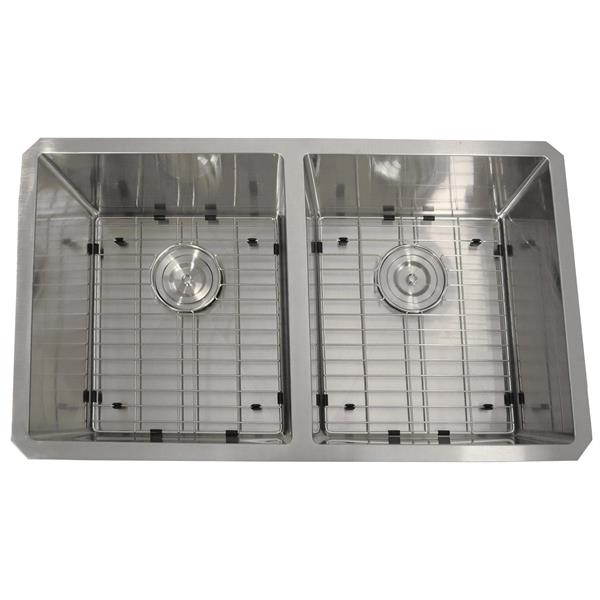 Nantucket Sinks - 32 Inch Pro Series 50/50 Off Set Double Bowl Undermount Small Radius Kitchen Sink