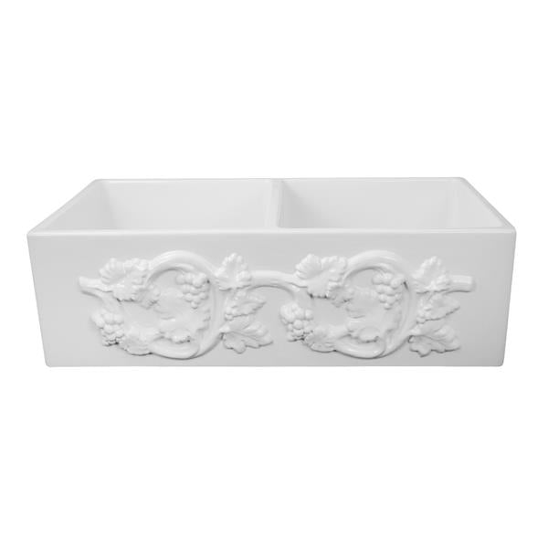 Nantucket Sinks - Double Bowl Farmhouse Fireclay Sink With Grapes Vine Motif