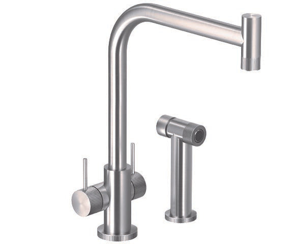 Hamat - Knob Contemporary Dual Kitchen Faucet in Brushed Stainless Steel with sidepray
