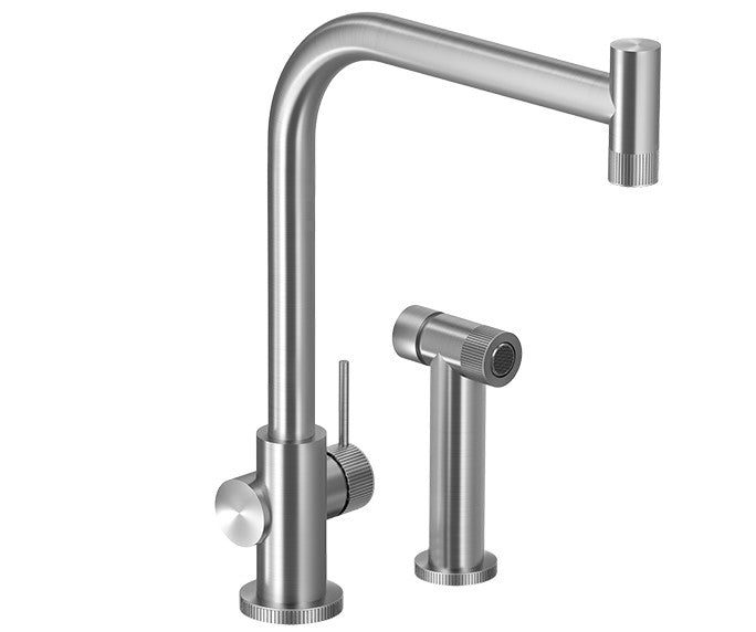 Hamat - Knob Contemporary Single Handle Kitchen Faucet in Brushed Stainless Steel, with sidespray