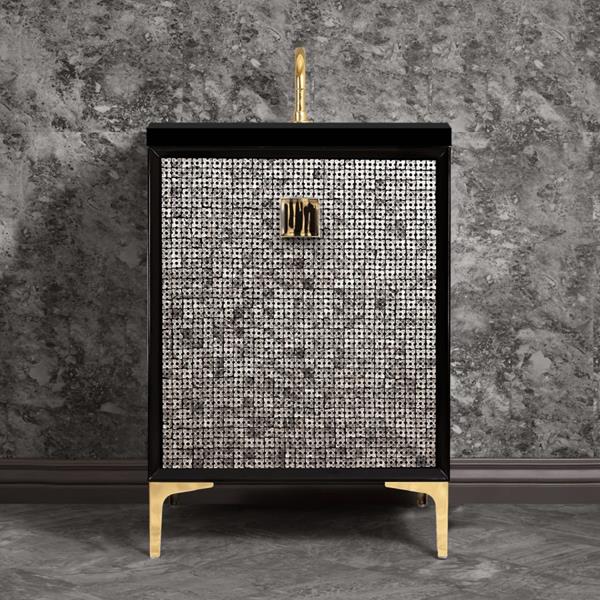 Linkasink - Mother Of Pearl With 3 Inch Black Tigler Artisan Glass Prism Hardware 24 Inch Wide Black Vanity