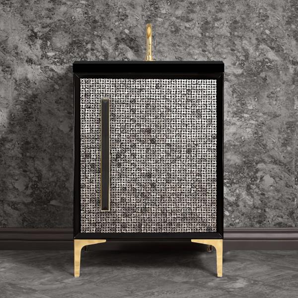 Linkasink - Mother Of Pearl With 18 Inch Black Prism Artisan Glass Hardware 24 Inch Wide Black Vanity