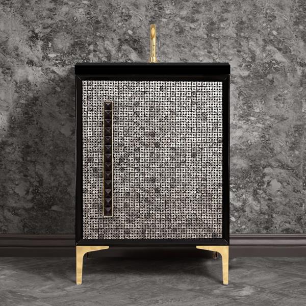 Linkasink - Mother Of Pearl With 18 Inch Black Pyramid Artisan Glass Hardware 24 Inch Wide Black Vanity