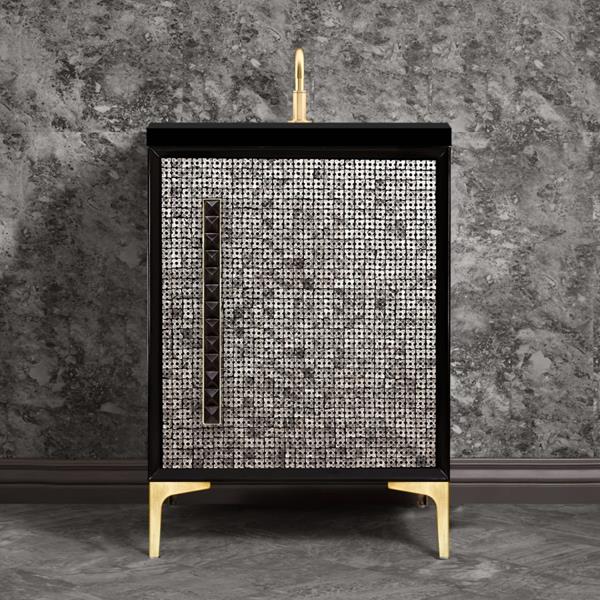 Linkasink - Mother Of Pearl With 18 Inch Black Pyramid Artisan Glass Hardware 24 Inch Wide Black Vanity