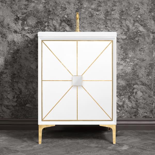 Linkasink - Divergence 24 Inch Wide White Vanity With White Prism Artisan Glass Hardware