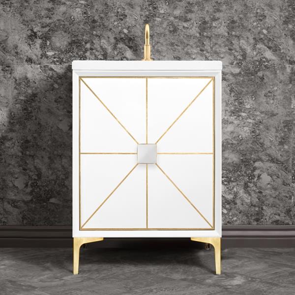 Linkasink - Divergence 24 Inch Wide White Vanity With White Prism Artisan Glass Hardware