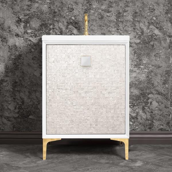 Linkasink - Mother Of Pearl With 3 Inch White Prism Artisan Glass Hardware 24 Inch Wide White Vanity