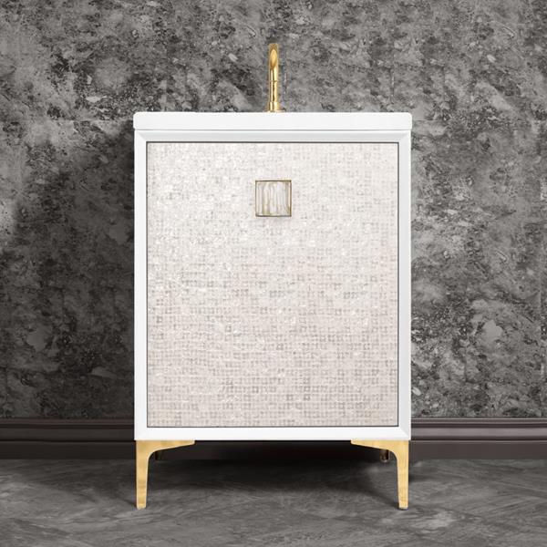 Linkasink - Mother Of Pearl With 3 Inch White Tiger Prism Artisan Glass Hardware 24 Inch Wide White Vanity