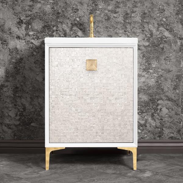 Linkasink - Mother Of Pearl With 3 Inch Eglomise Prism Artisan Glass Hardware 24 Inch Wide White Vanity
