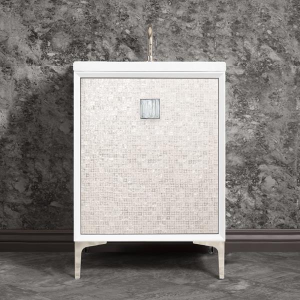Linkasink - Mother Of Pearl With 3 Inch White Tiger Prism Artisan Glass Hardware 24 Inch Wide White Vanity