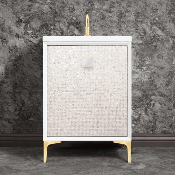 Linkasink - Mother Of Pearl With 3 Inch White Prism Artisan Glass Hardware 24 Inch Wide White Vanity
