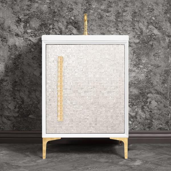 Linkasink - Mother Of Pearl With 18 Inch Eglomise Pyramid Artisan Glass Hardware 24 Inch Wide White Vanity