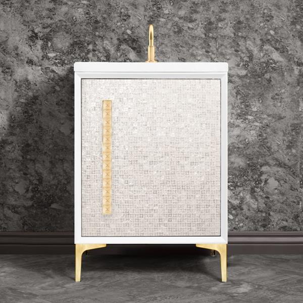 Linkasink - Mother Of Pearl With 18 Inch Eglomise Pyramid Artisan Glass Hardware 24 Inch Wide White Vanity