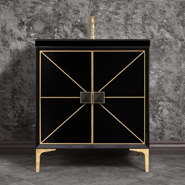 Linkasink - Divergence 30 Inch Wide Black Vanity With Black Prism Artisan Glass Hardware