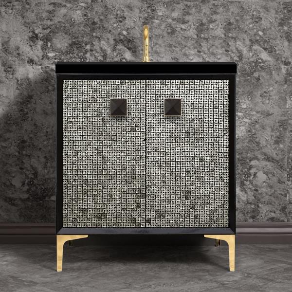 Linkasink - Mother Of Pearl With 3 Inch Black Prism Artisan Glass Hardware 30 Inch Wide Black Vanity