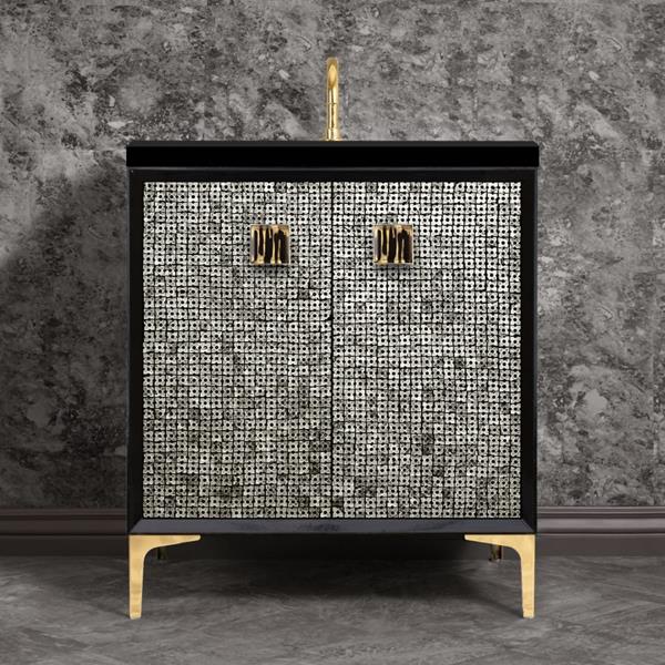 Linkasink - Mother Of Pearl With 3 Inch Black Tigler Artisan Glass Prism Hardware 30 Inch Wide Black Vanity