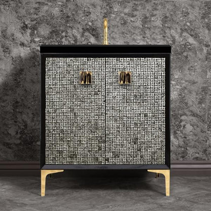 Linkasink - Mother Of Pearl With 3 Inch Black Tigler Artisan Glass Prism Hardware 30 Inch Wide Black Vanity