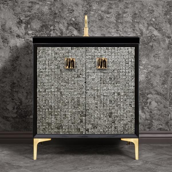 Linkasink - Mother Of Pearl With 3 Inch Black Tigler Artisan Glass Prism Hardware 30 Inch Wide Black Vanity