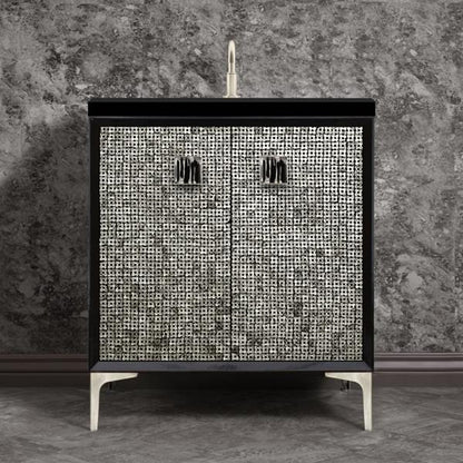 Linkasink - Mother Of Pearl With 3 Inch Black Tigler Artisan Glass Prism Hardware 30 Inch Wide Black Vanity