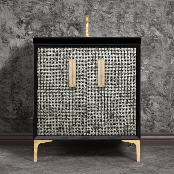 Linkasink - Mother Of Pearl With 8 Inch Eglomise Prism Artisan Glass Hardware  30 Inch Wide Black Vanity