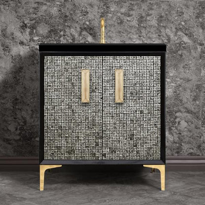 Linkasink - Mother Of Pearl With 8 Inch Eglomise Prism Artisan Glass Hardware  30 Inch Wide Black Vanity