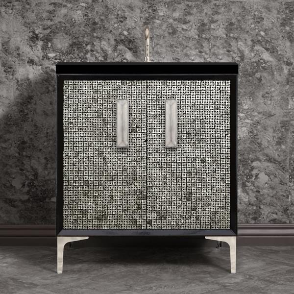 Linkasink - Mother Of Pearl With 8 Inch Eglomise Prism Artisan Glass Hardware  30 Inch Wide Black Vanity