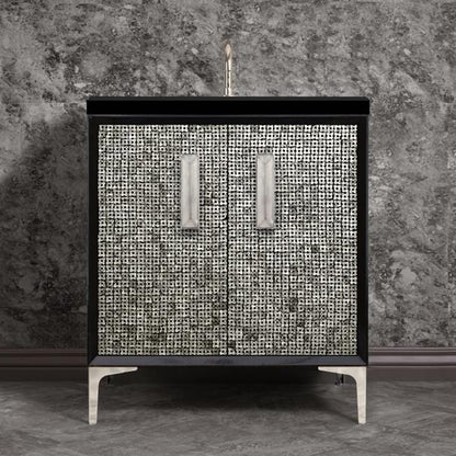 Linkasink - Mother Of Pearl With 8 Inch Eglomise Prism Artisan Glass Hardware  30 Inch Wide Black Vanity