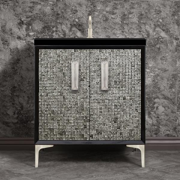 Linkasink - Mother Of Pearl With 8 Inch Eglomise Prism Artisan Glass Hardware  30 Inch Wide Black Vanity