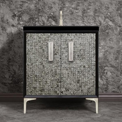 Linkasink - Mother Of Pearl With 8 Inch Eglomise Prism Artisan Glass Hardware  30 Inch Wide Black Vanity