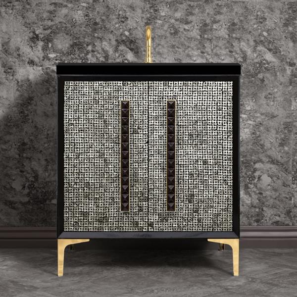 Linkasink - Mother Of Pearl With 18 Inch Black Pyramid Artisan Glass Hardware 30 Inch Wide Black Vanity