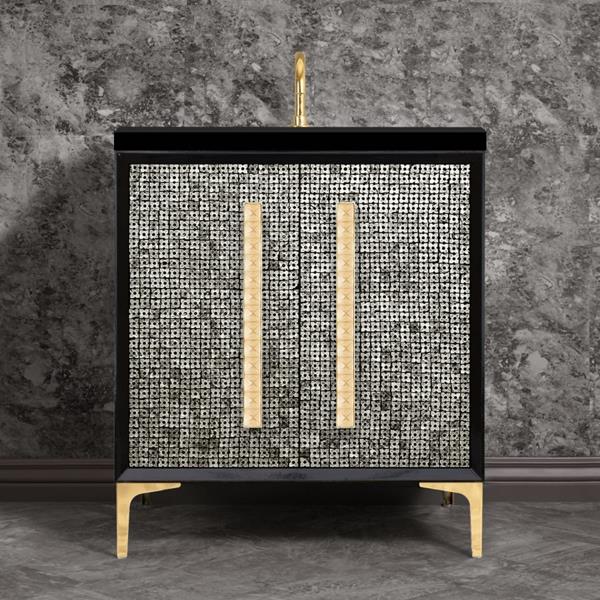 Linkasink - Mother Of Pearl With 18 Inch Eglomise Pyramid Artisan Glass Hardware 30 Inch Wide Black Vanity