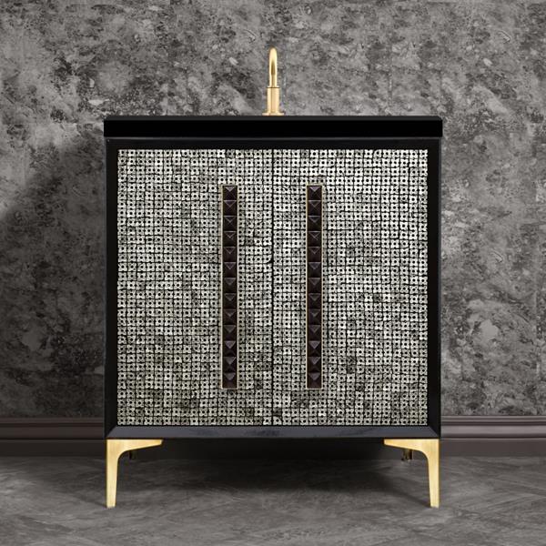 Linkasink - Mother Of Pearl With 18 Inch Black Pyramid Artisan Glass Hardware 30 Inch Wide Black Vanity