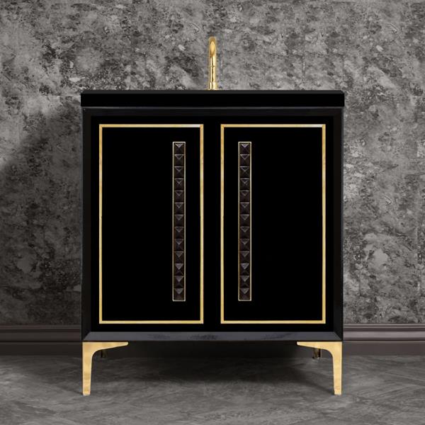 Linkasink - Linea With 18 Inch Black Pyramid Artisan Glass Hardware 30 Inch Wide Black Vanity