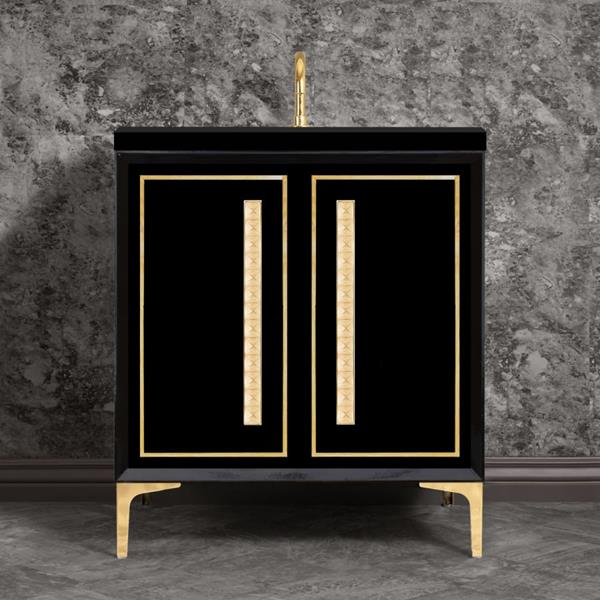 Linkasink - Linea With 18 Inch Eglomise Pyramid Artisan Glass Hardware 30 Inch Wide Black Vanity